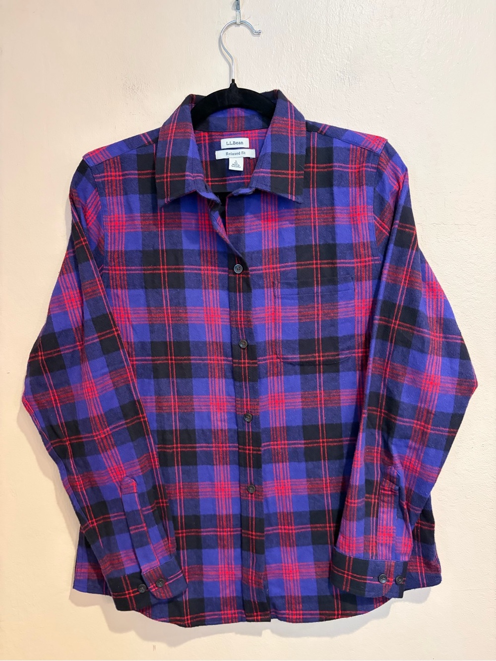 L.L.Bean Red, Black & Purple Plaid Relaxed Fit Button Up, Soft Cotton